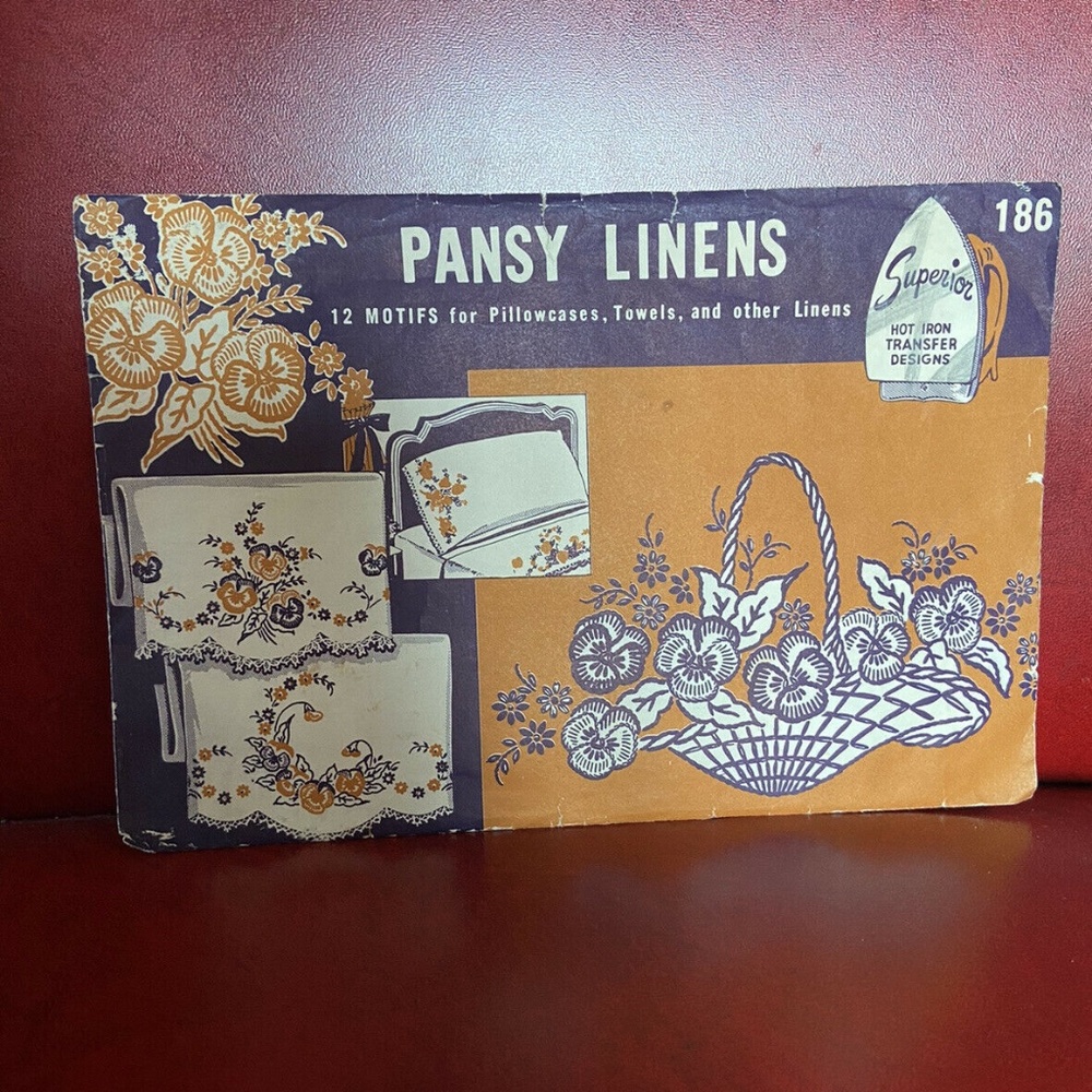 Vintage SUPERIOR Hot Iron Transfer PATTERN Pansy Linen Pillowcase 186 Project